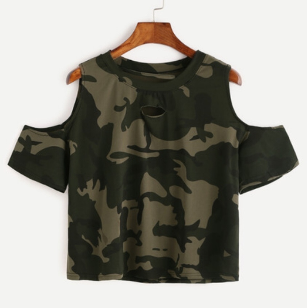 womens m camo ripped tshirt cold shoulder army mil